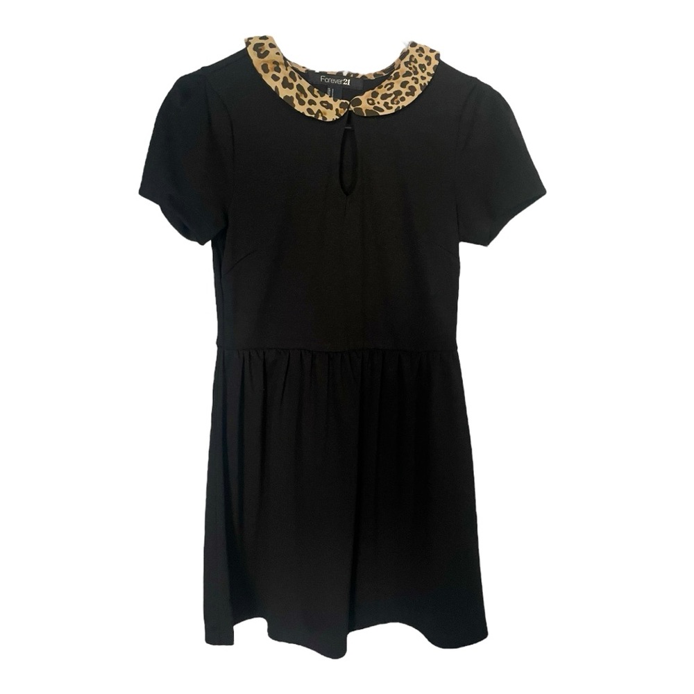 Forever 21 Short Black Mini Dress, Leopard Print Peter Pan Keyhole Collar Size S